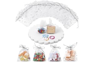 Giloty 200 Pezzi Sacchetti Organza, Bianco Sacchetti Organza con Coulisse 7 x 9 cm, Tulle per Confetti e 4 Rotoli di Nastro, Sacchetto per Gioielli, Sacchetti per Matrimonio, Sacchetti di Lavanda
