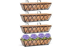 HFHOME 4Pcs 24"/60.9cm Hanging Flower Baskets, Wall Mounted Trough Basket with Coco Liner, Metal Railing Planter Box for Window Box Porch Balcony Fences