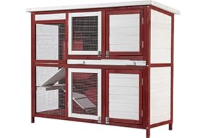 Wiltec Kaninchenstall rot weiß 1175 x 410 x 1000 mm, Hasenstall als Ergänzung für Freilauf, Kaninchenkäfig Hasenkäfig mit 4 Türen und Treppe