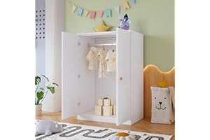 RIAZOS Kleiner Kleiderschrank mit Stange, Doppeltüriger Design Kinderkleiderschrank, Schlafzimmer, Wohnzimmer, 80 x 50 x 120 cm, Weiß