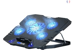 TopMate C5 Base de Refroidissement pour PC Portable Gamer (10-15,6 Pouces), Support à Ventilateurs avec Réglage de Hauteur, 5 Ventilateurs Silencieux, Luce LED Bleue et Contrôleur LCD