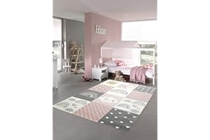 ‎TEPPICH-TRAUM Teppich-Traum Kinderzimmer Teppich Spielteppich Regenbogen Herzchen Wolken rosa Creme grau Größe 140x200 cm