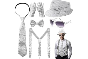 DONGZQAN Lot de 7 tenues à paillettes pour homme, costume de carnaval, tenue disco pour homme, accessoires à paillettes, chapeau à paillettes pour homme, pour carnaval, fête, danse, performance