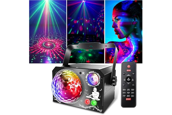 Lampe de Scène 4 en 1, Fwiull Lumière Disco avec Télécommande et Stroboscope, 65 Effets Lumineux RGB UV, USB Lumineux Boule Disco Musique Commande Vocale, Idéal Lumiere pour Soirée, Fête, Karaoké,Noël