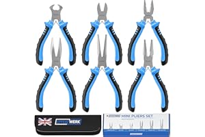 Effektwerk 6-Pc Mini Pliers Set, Linesman, Long Nose, Needle Nose, Bent Nose, Diagonal Cutting & Wire Cutters, Electrician Tool Kit w/Small Pouch, Use for Jewellery Craft & Electronic Repairs