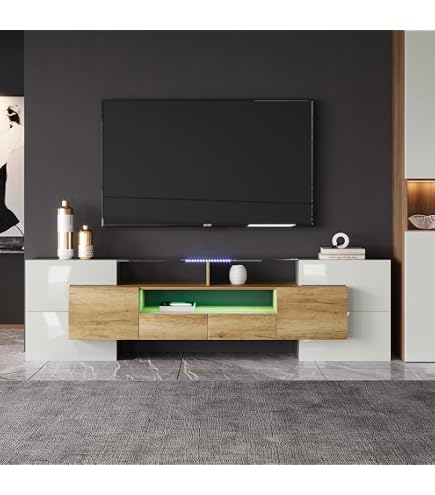 MB Muebles Bonitos Meuble TV Unai Avec Lumière LED - 160x45x35 Cm, Noir Brillant, 2 Tiroirs Push, Salon Moderne