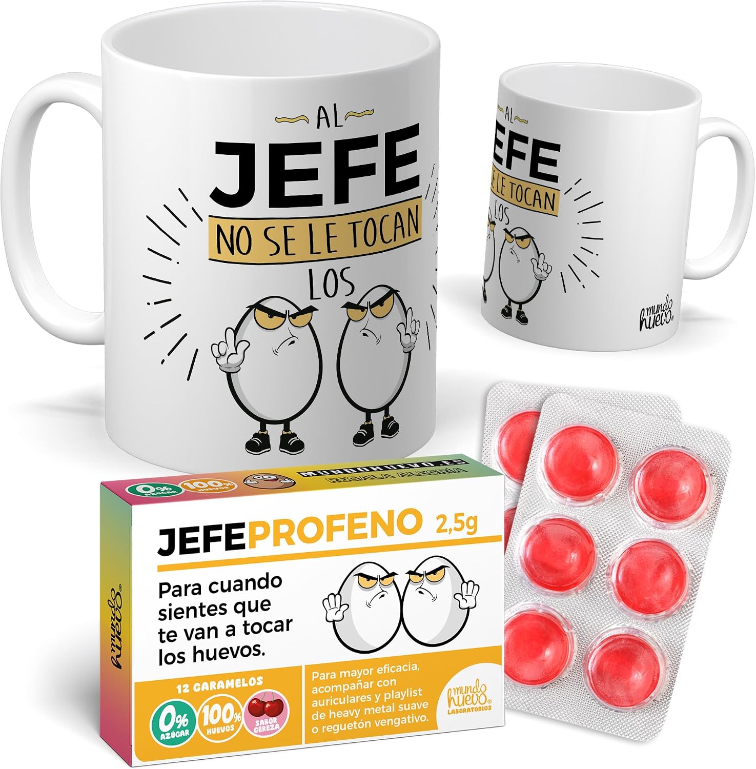 mundohuevo Pack Taza Al jefe no se le toca... + Caramelos JEFE PROFENO – Regalo divertido para jefes – Detalle gracioso de cumpleaños u oficina | Tazas Divertidas día del Padre | Capacidad 350 ML