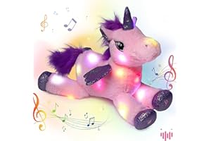 Hopearl Pluschtier mit LED-Beleuchtung, Musik, Einhorn, Leuchtend, verstellbare Lautstarke, Schlaflied, animiert, beruhigend, Geburtstagsfest, für Kinder, Kleinkinder, m ädchen, Rosa, 40,6 cm