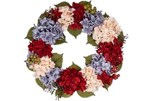 HOLLYONE 20'' Artificial Hydrangea Wreath, Fake Flower Wreath, Blue Red Faux Hydrangeas for Front Door, Floral Wreath for Mantel, Kitchen, Farmhouse, Wall Decor