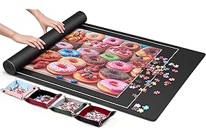 ZOYIDOUX Jigsaw Puzzle Mat Roll Up 1500 Pieces – Non-Slip Rubber Bottom & Smooth Top – With 6 Sorting Trays, Elastic Band, Travel Storage Bag Portable & Gift Box – 46” x 26” Puzzle Saver