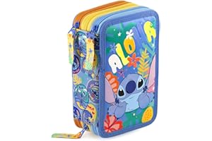 Clondo Piórnik, potrójnie wypełniony, 44 akcesoria szkolne, 3 zamki błyskawiczne, 20 cm, Stitch 24, piórnik