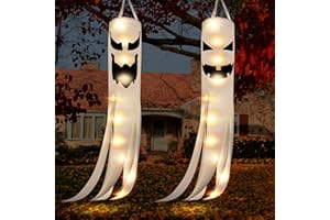 HIBOOM 2 Pack Halloween Ghost Windsocks Flag with Lights, Fall Windsock Halloween Decorations Outdoor, 2 Lighting Modes Battery Operated Halloween Hanging Lights Decor for Patio Garden Party(Novel Style)