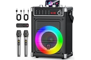 JYX Karaoke Machine with 2 Wireless Microphones, Bluetooth Speaker with Bass/Treble/Echo Adjustment & LED Light, Support USB, SD Card, AUX, TWS, FM, REC, Supply for Party/Adults (Black)