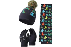 NATUST 3Pcs Boys Hat Scarf Gloves Set Kids Pompoms Beanie Cap Knitted Scarf Gloves Cartoon Dinosaur Print Winter Accessories Sets