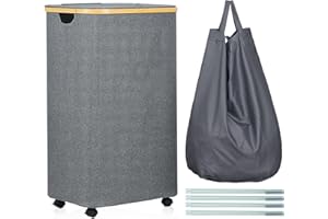 ROSOS Wäschekorb mit Rollen, 105L Wäschekorb mit Deckel mit Herausnehmbaren Wäschesack, Wäschesammler mit Deckel & Leicht zu Tragendem Bambus Griff, Wasserdichter Faltbarer Wäschekorb mit Deckel, Grau