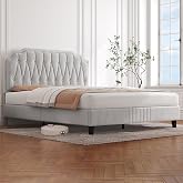 Yaheetech Velvet Upholstered Bed Double Bed 140 x 200 cm Beige | Height Adjustable Headboard Metal Bed Frame with Wooden Slat