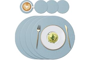 YUNJUER Round Silicone Table Mats(34cm) and Coasters(10cm) Set of 4, Heat-Resistant 450 °F Place mats, Non-Slip and Washable, Place Mats for Hotel, Restaurant, Kitchen Glass Dining Table, (Light Blue)