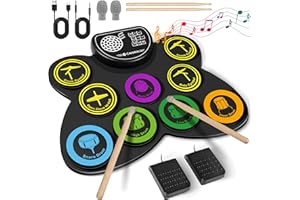 CAHAYA Set de Almohadillas de Batería Electrónica: 9-Almohadillas Portátiles de Práctica Eléctrica Enrollable con Altavoz Incorporado, Baquetas, Pedales de Pie, CY00370-1