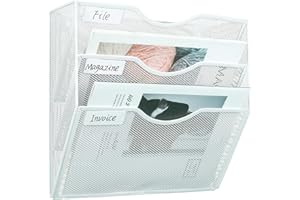 PAG 3-Tier Hanging Wall File Holder Mail Organizer Wall Magazine File Letter Rack,Mesh Metal A4 Wall Mounted Document Holder Paper Storage,White