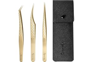 Beauty7 3 PCS Pinzas Profesionales de Extensión de Pestañas Acero Inoxidable Pinzas de Pestañas Pinzas de Precisión de Punta Curva Recta con Estuche en Dorado Usos Múltiples