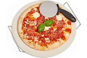 VonShef 33 cm Pizza Stone Set with Chrome-Plated Heavy Duty Frame - Includes Pizza Cutter