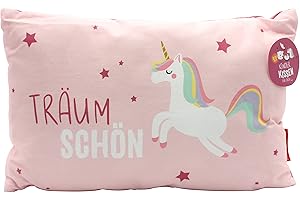 Dekohelden24 Kinder-Kuschel Kissen mit Einhorn/Aufschrift - Träum Schön - L/B/H ca. 40 x 13 x 23 cm, 100% Baumwolle
