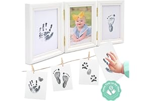 Mammacita® Baby Marco Fotos para Recién Nacido Set para 0-6 meses con tinta segura y marco de madera con 3 recortes | Marco de Fotos de manos y pies de bebé | juego de huellas de bebé
