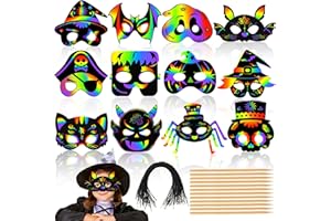 AUGSUN Halloween Basteln Kinder, 36 Stück Halloween Maske Kinder Halloween Regenbogen Kratzmasken Scratch Art Masken Halloween Kratzbilder für Halloween Partyspiele