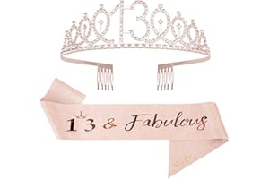Mikccer Rose Gold 13th Birthday Sash and 13 Birthday Tiara, Rhinestone Crown Headband for 13th Birthday Gifts, 13th Birthday Decoration Party Accessories for Girls (De-02)