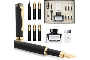‎WORDSWORTH & BLACK Wordsworth & Black Kalligraphie-Stiftset, inklusive Tintenfass, 6 Tintenpatronen, Tintenkonverter, 6 Ersatzfedern, Luxus-Bambus, Journaling, Schreibfüller mit weichem Schreibgefühl [Schwarzes Holz]