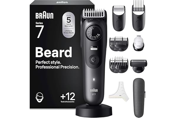 Braun Tondeuse À Barbe Series 7, + 12 Outils de Barbier, Lame ProBlade Affûtée Et Inusable, Jusqu'à 120 Min D'autonomie, 40 Longueurs, Étanche, Molette De Précision Et Verrouillage, BT7545, Gris