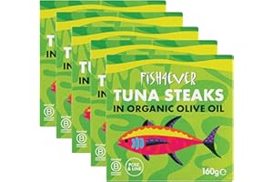 Fish 4 Ever | Azores Skipjack Tuna Steaks In Organic Olive Oil - Sustainably Fished. Tin Canned Food Rich In Omega-3, Great For Making Sandwich Spread Or Hot And Cold Snacks | 160g (Pack of 5)