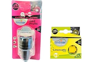 AMBICAR - Ambientador Eléctrico para Coche. Pack Difusor + Recambios Frutos Rojos y Limoncello) Esencias Naturales, SIN Alcohol ni Químicos. Aroma Fresa y Fragancia Cítrica