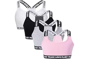 BYSION 4 Pieces Young Girls Bras Cotton Teenage Underwear Racerback Sports Training Bra with Detachable Pads Padded Crop Tops 8-12 Years Girls