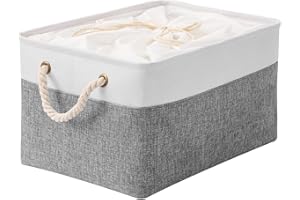 Yawinhe Foldable Storage Baskets 1 Pack, with Drawstring Cover and 2 Handles, Fabric Collapsible Storage Bins, for Shelves, Clothes, White/Grey, SNK003WGS-1
