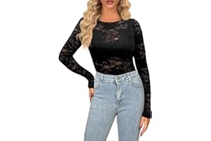 NONSAR Haut en maille transparente pour femme - Haut sexy en maille - Manches longues - Motif floral transparent - Y2K - Tenue rave