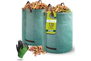 FLORA VERDE Garden Waste Bags with Gardening Gloves - 120L x 2 Garden Waste Bags Heavy Duty | Reusable Heavy Duty Garden Bags | Strong Garden Sacks with Handles, Ideal for Collecting Garden (120L)
