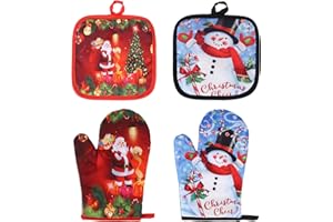 GUKASXI Christmas Oven Gloves and Pot Holders Set of 4, Oven Mitts Heat Resistant Oven Gloves, Christmas Baking Gloves Set for Kitchen Barbecuing BBQ