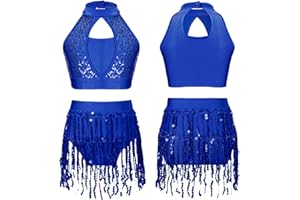 iEFiEL Girls Sequins Latin Rumba Tassel Dance Dress Crop Top with Skirt Lyrical Dancing Outfit Jazz Dancewear