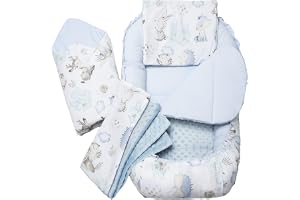 Medi Partners Babynestset för nyfödda - 100x60x15 cm 5-delat bärbart nest vändbart 100% bomull (Hjort och igelkott med ljusbl