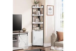 YITAHOME Corner Shelf 4 Tiers, Industrial Bookshelf with Cabinet Floorstanding Bookcase Wooden Storage Rack Shelving Units for Living Room, Home Office, Hallway, White Book shelves