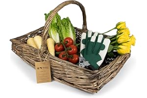 WRENBURY Willow Garden Wicker Basket Veg Trug in Large - Traditional Garden Tools Plant Flowers Carry Basket - Garden Trug Basket - Gardening Vegetable Trug Basket