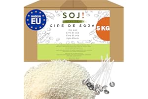 Soj - Cire de Soja 5KG pour bougies SANS OGM 100% Naturelle, E-BOOK+50 MÈCHES OFFERTES! Fabrication de bougies coulées, Cire bougies, Cire à bougie, Conditionnée en France (5KG)