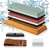 talifoca Sharpening Stone, 8-in-1 Sharpening Stone Knives 400/1000 3000/8000 Grit with Non-Slip Bamboo Base, Angle Guide and