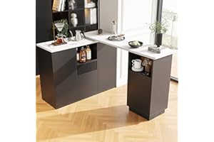 MODERNLUXE 360° drehbarer Bartisch mit Marmor-Arbeitsplatte, Multifunktionale Bar mit Stauraum, Ausziehbar und Flexibel, L-förmig oder linear, für Küche, Wohnzimmer und Esszimmer – Schwarz