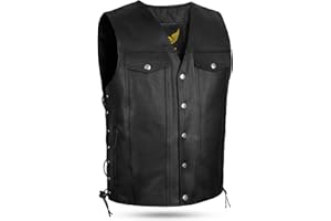 Leatherick Black Denim Style Unisex Genuine Leather Biker Waistcoat with Side Laces and Shiny Silver Buttons
