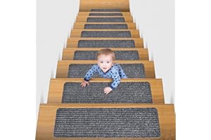 Hoquare 14pcs Carpet Stair Treads, Edging Non Slip Stair Mats, Step Runners Staircase Protection Cover, Washable Stair Carpet Treads for Kids, Elders, Pets (Grey Stripe)
