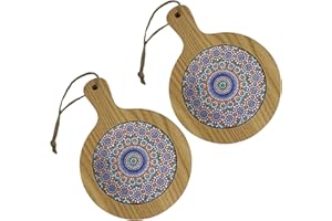 ChicHouse Set 2pcs mini taglieri da cucina in legno con manico ideali per piccoli antipasti, formaggi, salumi o come salva superfici e sottopentola. (2, Fiore Verde Acqua, Rotondo 20.5x14.5x1 cm)