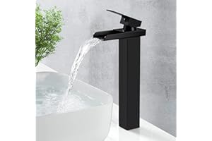 BOOXELY Robinet Salle Bain Noir Haut Mitigeur Vasque à Poser Cascade Mitigeur Lavabo Bec Haut 265mm Moderne Robinet Lavabo Noir Mat Robinetterie, eau Froide et Chaude，G 3/8