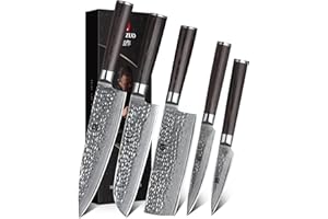XINZUO Zestaw 5 noży kuchennych ze stali damasceńskiej, japońskiej stali damasceńskiej, High-Carbon profesjonalne, ostre noże ze stali damasceńskiej, zestaw noży kuchennych z uchwytem Pakkawood - seria He